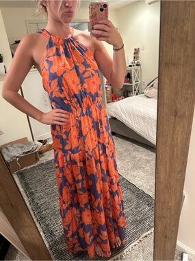 Women's Halter Floral Maxi Dress in Orange and Blue